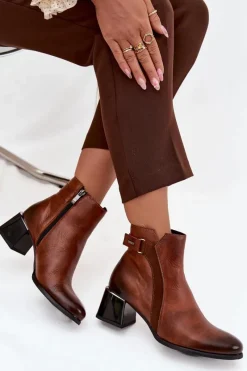 Sale Skórzane Botki Damskie Na Obcasie Ocieplane 60563 Brązowe Damskie Botki Ocieplane|Brązowe I Beżowe Botki