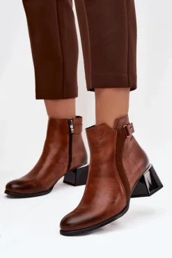 Sale Skórzane Botki Damskie Na Obcasie Ocieplane 60563 Brązowe Damskie Botki Ocieplane|Brązowe I Beżowe Botki