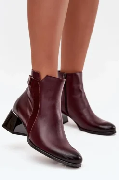 Discount Skórzane Botki Damskie Na Obcasie Ocieplane 60563 Bordowe Damskie Botki Ocieplane|Brązowe I Beżowe Botki