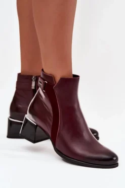 Discount Skórzane Botki Damskie Na Obcasie Ocieplane 60563 Bordowe Damskie Botki Ocieplane|Brązowe I Beżowe Botki