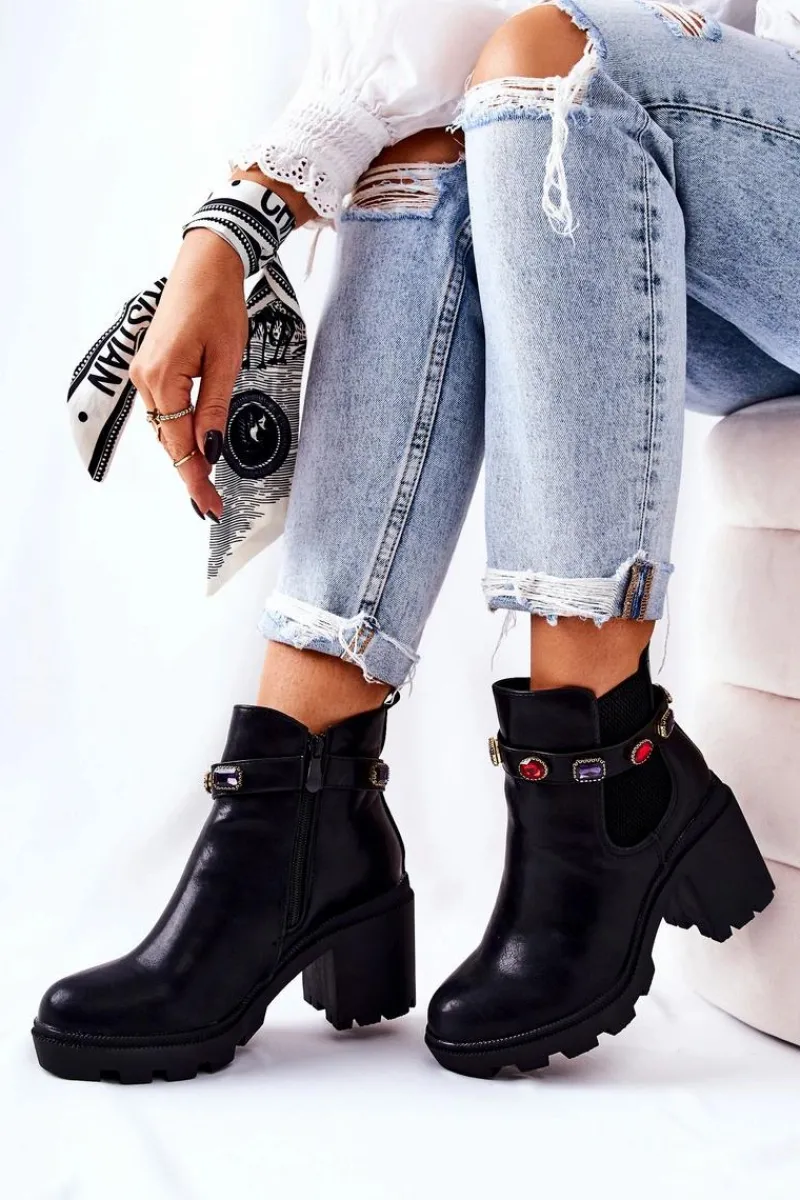 Botki Na Słupku|Czarne Botki>Boto Skórzane Botki Damskie Na Słupku Z Kryształami Czarne Makbet