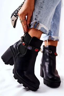 Botki Na Słupku|Czarne Botki>Boto Skórzane Botki Damskie Na Słupku Z Kryształami Czarne Makbet