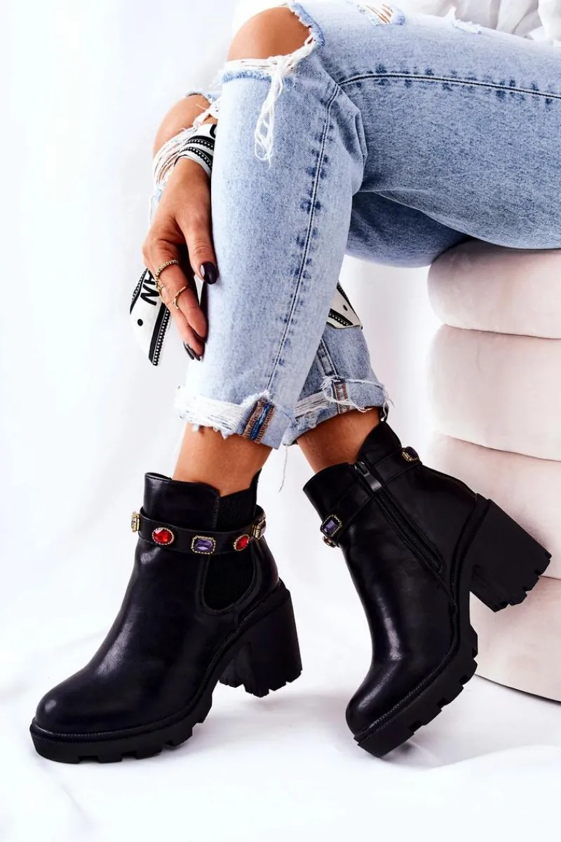 Botki Na Słupku|Czarne Botki>Boto Skórzane Botki Damskie Na Słupku Z Kryształami Czarne Makbet