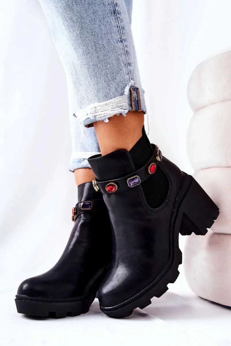 Botki Na Słupku|Czarne Botki>Boto Skórzane Botki Damskie Na Słupku Z Kryształami Czarne Makbet