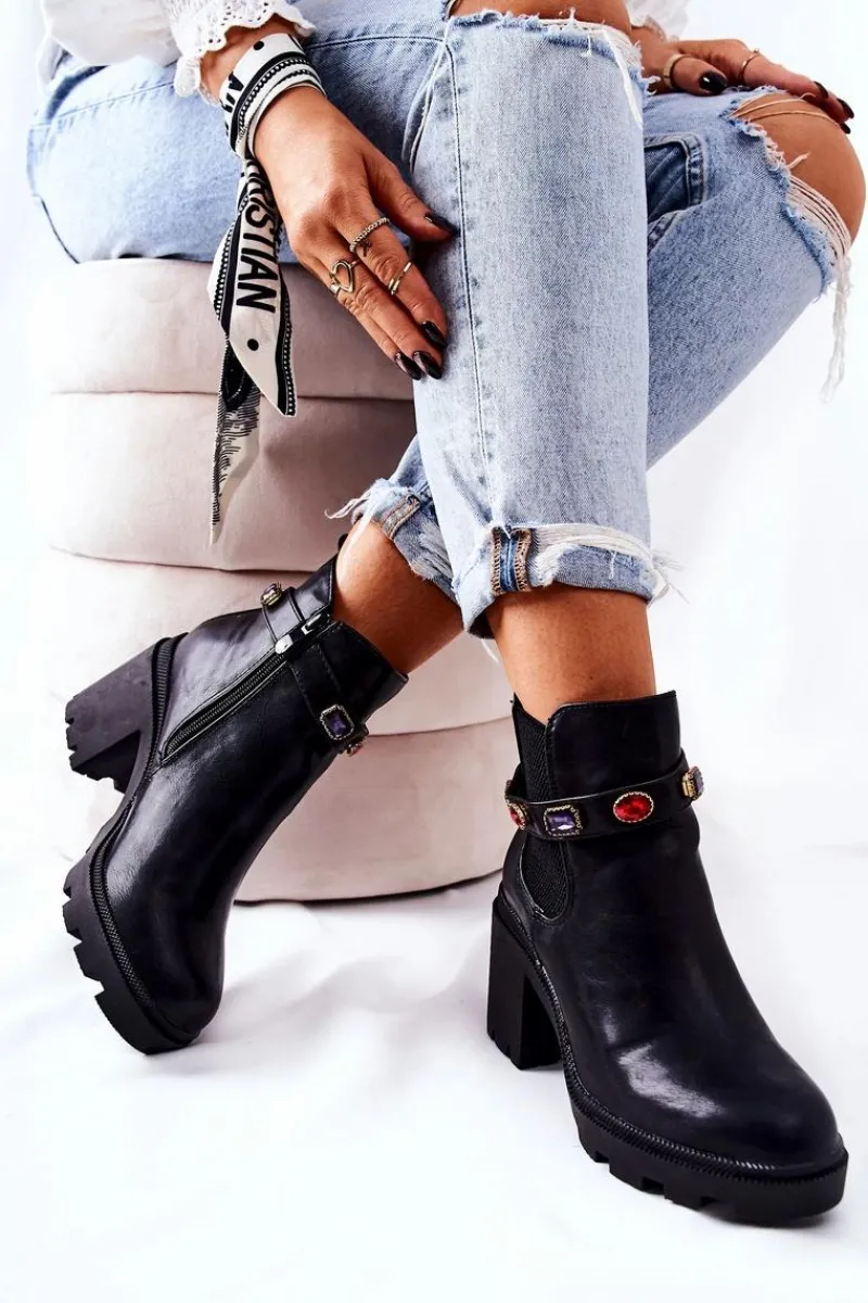 Botki Na Słupku|Czarne Botki>Boto Skórzane Botki Damskie Na Słupku Z Kryształami Czarne Makbet