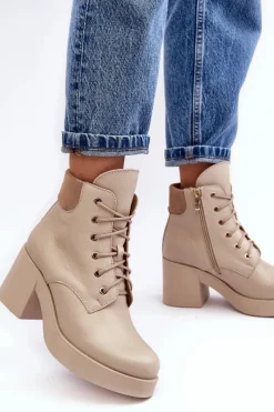 Clearance Skórzane Botki Damskie Na Słupku Beżowe Lemar Leocera Damskie Botki Skórzane|Botki Sznurowane