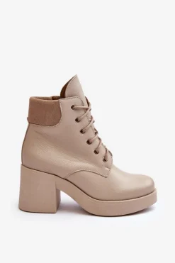 Clearance Skórzane Botki Damskie Na Słupku Beżowe Lemar Leocera Damskie Botki Skórzane|Botki Sznurowane