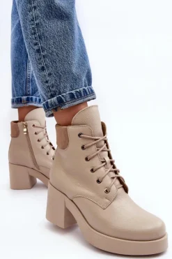 Clearance Skórzane Botki Damskie Na Słupku Beżowe Lemar Leocera Damskie Botki Skórzane|Botki Sznurowane