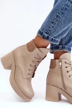 Clearance Skórzane Botki Damskie Na Słupku Beżowe Lemar Leocera Damskie Botki Skórzane|Botki Sznurowane