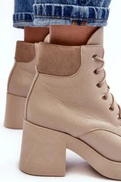Clearance Skórzane Botki Damskie Na Słupku Beżowe Lemar Leocera Damskie Botki Skórzane|Botki Sznurowane