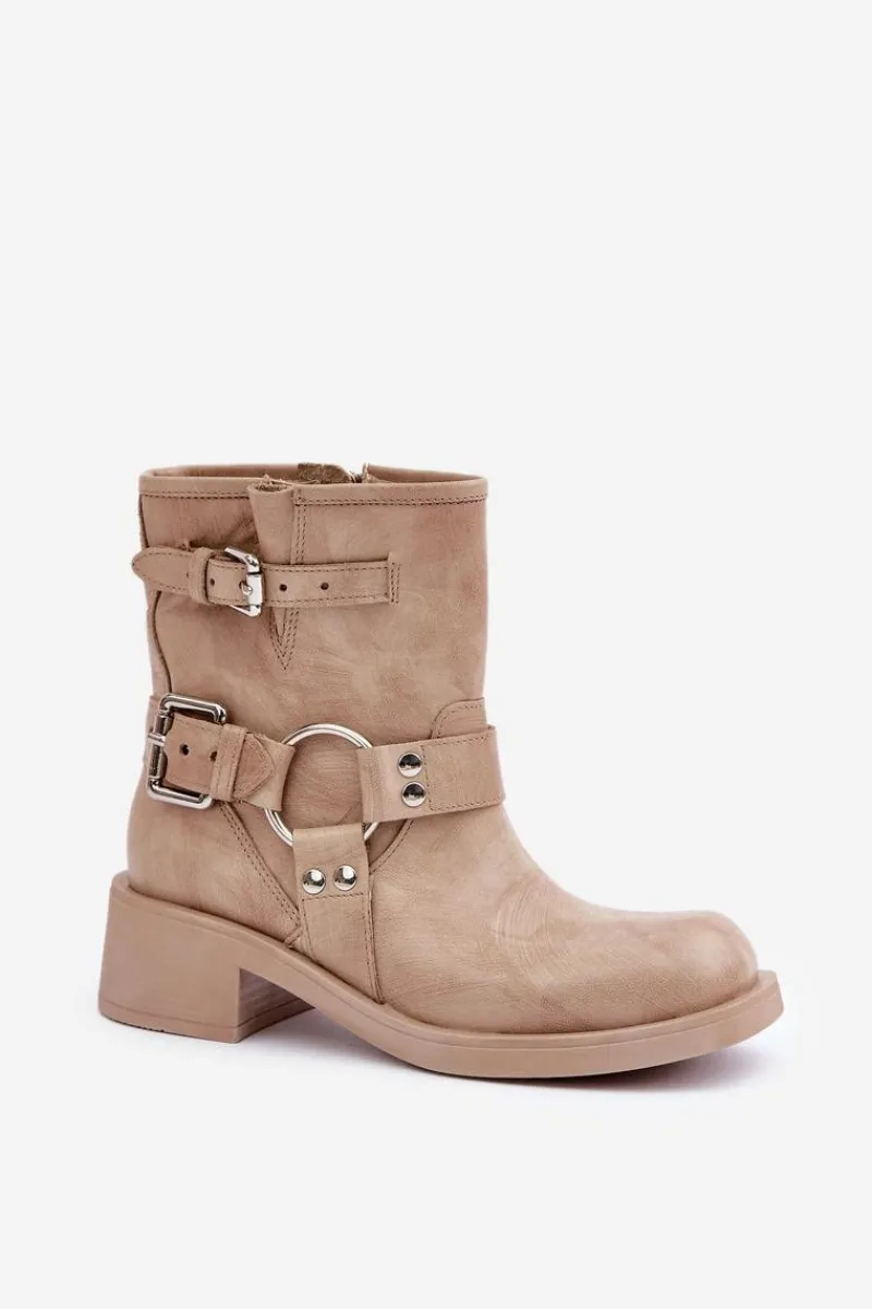 Best Zazoo Skórzane Botki Damskie Na Niskim Obcasie Klocku Z Paskami 3644 Beżowe Beżowy