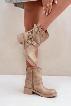 Best Zazoo Skórzane Botki Damskie Na Niskim Obcasie Klocku Z Paskami 3644 Beżowe Beżowy