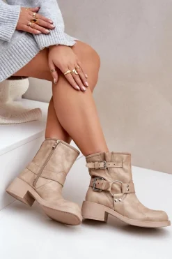 Best Zazoo Skórzane Botki Damskie Na Niskim Obcasie Klocku Z Paskami 3644 Beżowe Beżowy