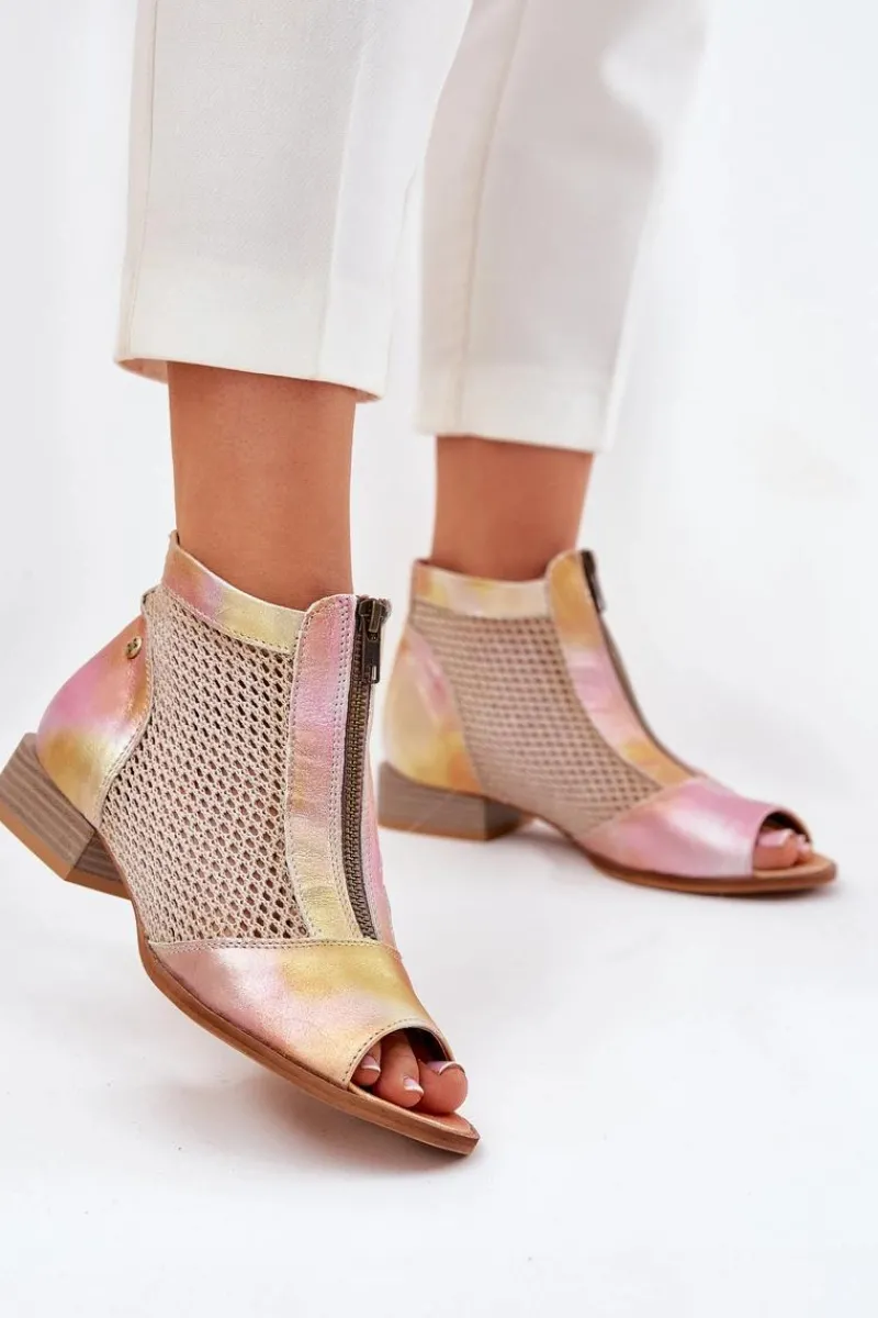 Botki Wiosenne|Botki Maciejka>Maciejka Skórzane Botki Damskie Na Płaskim Obcasie Z Odkrytymi Palcami 06413-15 Różowo-Pomarańczowe Różowy