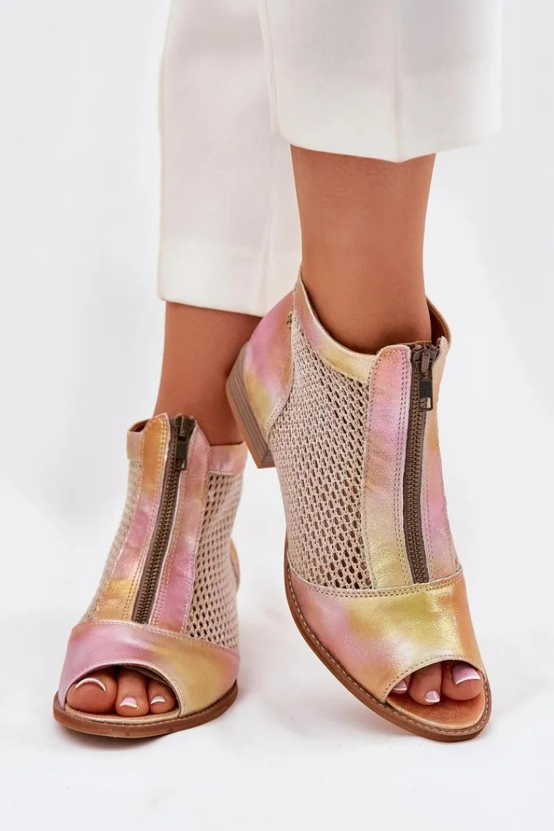 Botki Wiosenne|Botki Maciejka>Maciejka Skórzane Botki Damskie Na Płaskim Obcasie Z Odkrytymi Palcami 06413-15 Różowo-Pomarańczowe Różowy