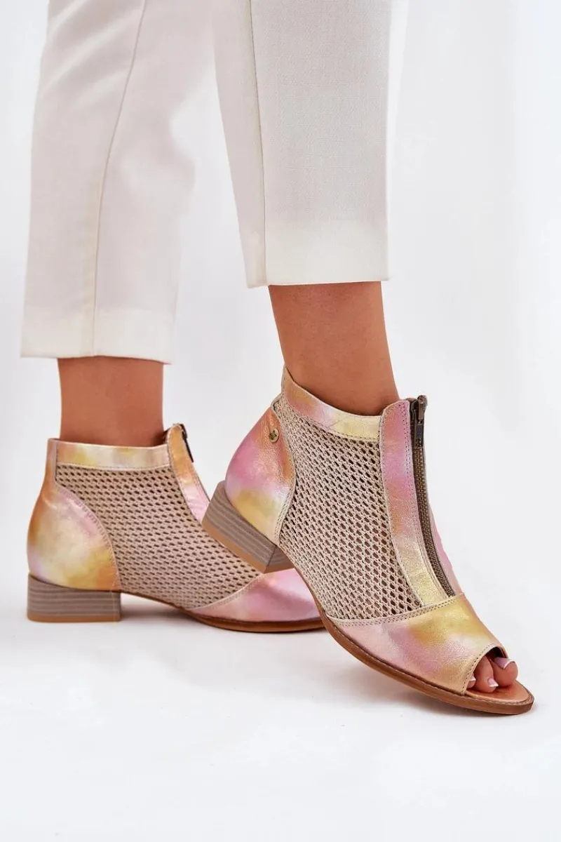 Botki Wiosenne|Botki Maciejka>Maciejka Skórzane Botki Damskie Na Płaskim Obcasie Z Odkrytymi Palcami 06413-15 Różowo-Pomarańczowe Różowy