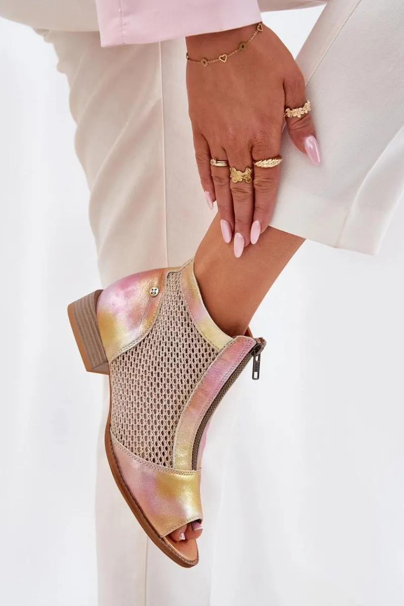 Botki Wiosenne|Botki Maciejka>Maciejka Skórzane Botki Damskie Na Płaskim Obcasie Z Odkrytymi Palcami 06413-15 Różowo-Pomarańczowe Różowy