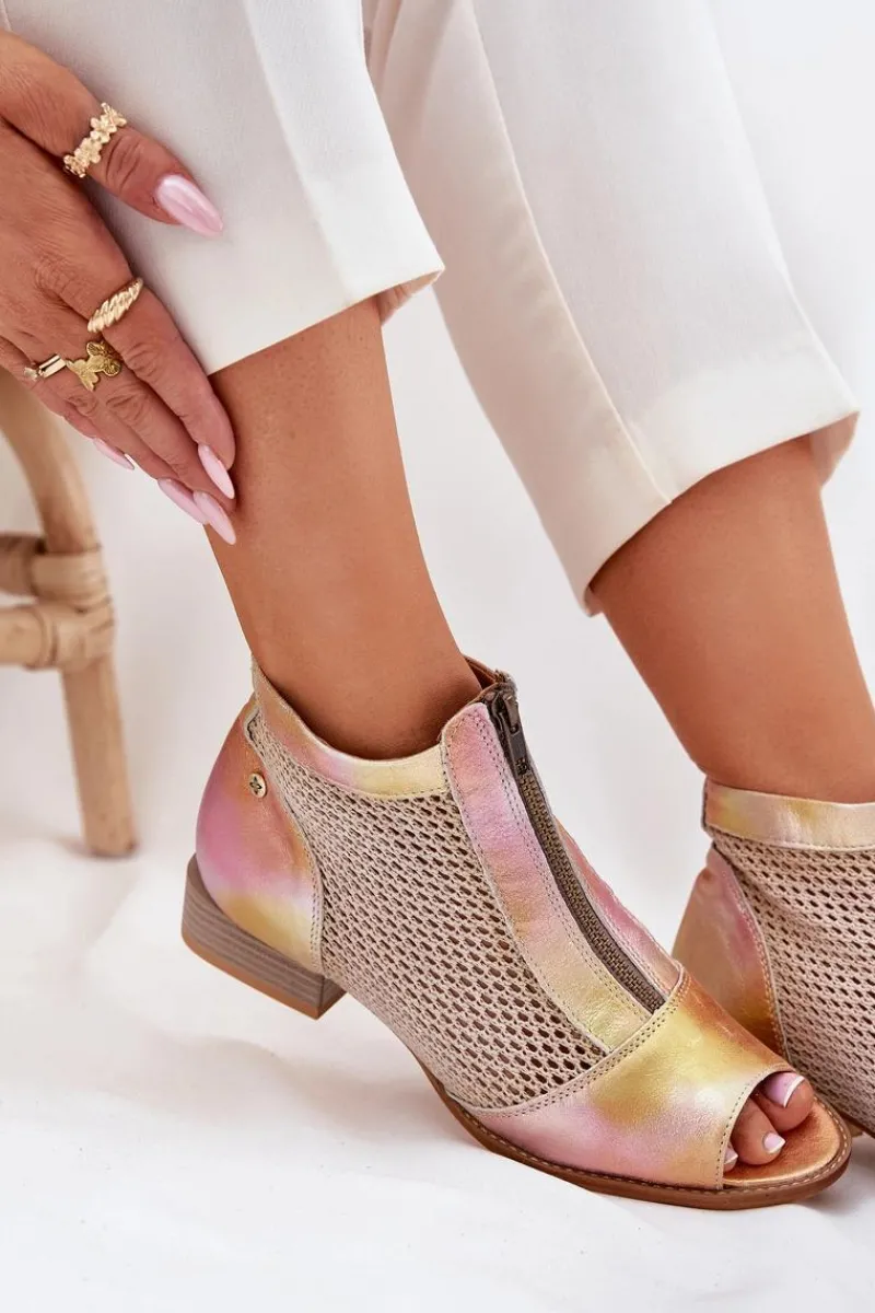 Botki Wiosenne|Botki Maciejka>Maciejka Skórzane Botki Damskie Na Płaskim Obcasie Z Odkrytymi Palcami 06413-15 Różowo-Pomarańczowe Różowy