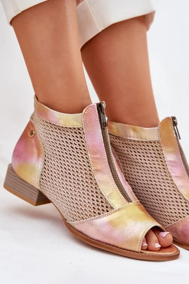 Botki Wiosenne|Botki Maciejka>Maciejka Skórzane Botki Damskie Na Płaskim Obcasie Z Odkrytymi Palcami 06413-15 Różowo-Pomarańczowe Różowy