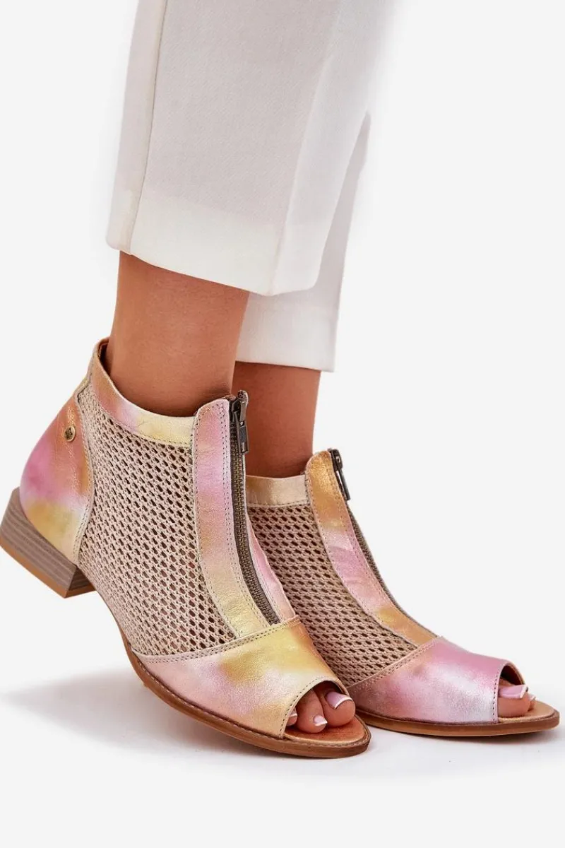 Botki Wiosenne|Botki Maciejka>Maciejka Skórzane Botki Damskie Na Płaskim Obcasie Z Odkrytymi Palcami 06413-15 Różowo-Pomarańczowe Różowy