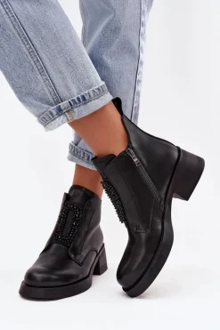 Discount Skórzane Botki Damskie Na Klocku Z Ozdobą JC52-869 Czarne Damskie Botki Skórzane|Botki Na Obcasie