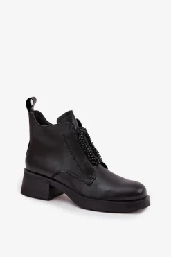 Discount Skórzane Botki Damskie Na Klocku Z Ozdobą JC52-869 Czarne Damskie Botki Skórzane|Botki Na Obcasie