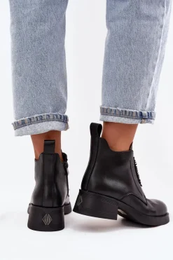 Discount Skórzane Botki Damskie Na Klocku Z Ozdobą JC52-869 Czarne Damskie Botki Skórzane|Botki Na Obcasie