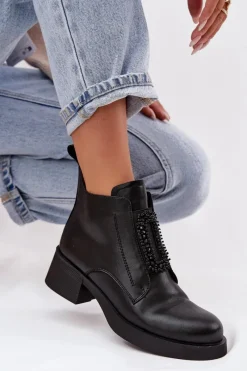 Discount Skórzane Botki Damskie Na Klocku Z Ozdobą JC52-869 Czarne Damskie Botki Skórzane|Botki Na Obcasie