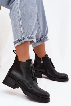 Discount Skórzane Botki Damskie Na Klocku Z Ozdobą JC52-869 Czarne Damskie Botki Skórzane|Botki Na Obcasie