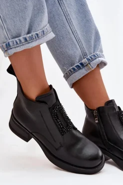 Discount Skórzane Botki Damskie Na Klocku Z Ozdobą JC52-869 Czarne Damskie Botki Skórzane|Botki Na Obcasie