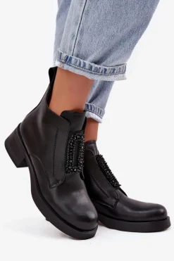 Discount Skórzane Botki Damskie Na Klocku Z Ozdobą JC52-869 Czarne Damskie Botki Skórzane|Botki Na Obcasie