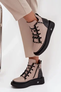 Artiker Skórzane Botki Damskie Na Platformie Ocieplane 55C0884 Beżowe