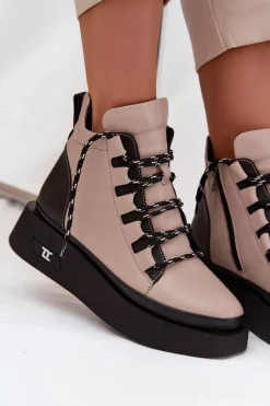 Artiker Skórzane Botki Damskie Na Platformie Ocieplane 55C0884 Beżowe