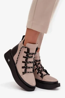 Artiker Skórzane Botki Damskie Na Platformie Ocieplane 55C0884 Beżowe