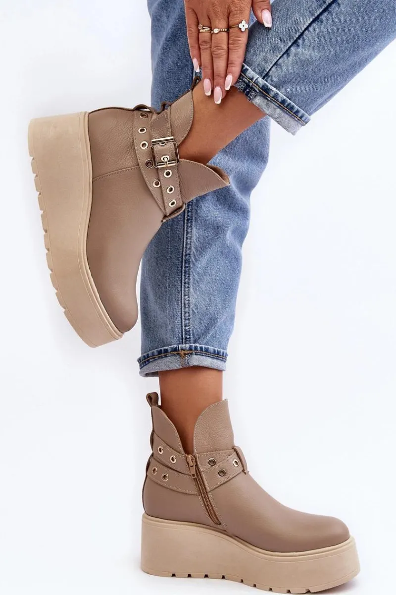 Skórzane Botki Damskie Na Koturnie Platformie Z Paskami 1752 Beżowe Damskie Botki Skórzane|Botki Na Koturnie