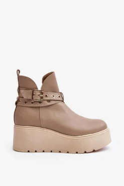 Skórzane Botki Damskie Na Koturnie Platformie Z Paskami 1752 Beżowe Damskie Botki Skórzane|Botki Na Koturnie