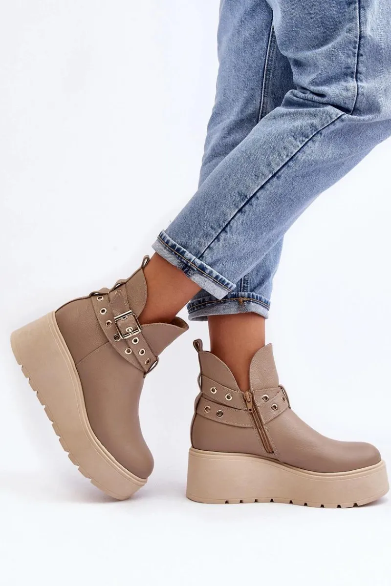 Skórzane Botki Damskie Na Koturnie Platformie Z Paskami 1752 Beżowe Damskie Botki Skórzane|Botki Na Koturnie