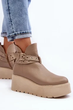 Skórzane Botki Damskie Na Koturnie Platformie Z Paskami 1752 Beżowe Damskie Botki Skórzane|Botki Na Koturnie