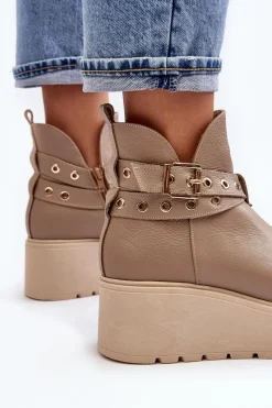 Skórzane Botki Damskie Na Koturnie Platformie Z Paskami 1752 Beżowe Damskie Botki Skórzane|Botki Na Koturnie