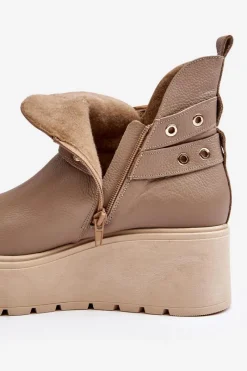 Skórzane Botki Damskie Na Koturnie Platformie Z Paskami 1752 Beżowe Damskie Botki Skórzane|Botki Na Koturnie