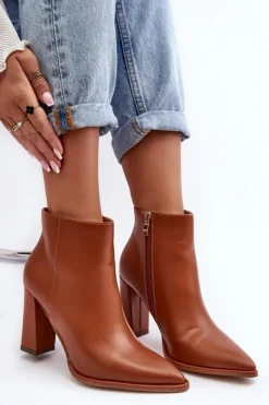 Discount Boto Skórzane Botki Damskie Na Słupku Brązowe Saitana