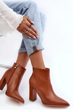 Discount Boto Skórzane Botki Damskie Na Słupku Brązowe Saitana