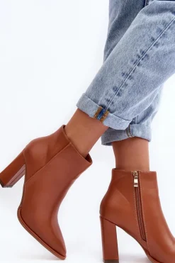 Discount Boto Skórzane Botki Damskie Na Słupku Brązowe Saitana