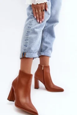 Discount Boto Skórzane Botki Damskie Na Słupku Brązowe Saitana