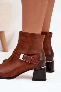 Hot Zazoo Skórzane Botki Damskie Na Obcasie Z Klamrą 60562 Brązowe