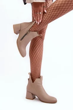 Discount Zazoo Skórzane Botki Damskie Na Niskim Obcasie Z Wycięciami 850 Beżowe