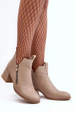 Discount Zazoo Skórzane Botki Damskie Na Niskim Obcasie Z Wycięciami 850 Beżowe