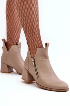 Discount Zazoo Skórzane Botki Damskie Na Niskim Obcasie Z Wycięciami 850 Beżowe