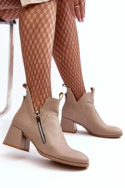 Discount Zazoo Skórzane Botki Damskie Na Niskim Obcasie Z Wycięciami 850 Beżowe