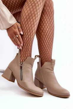 Discount Zazoo Skórzane Botki Damskie Na Niskim Obcasie Z Wycięciami 850 Beżowe